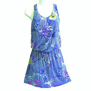 Tori Richard USA Tropical Reef Fish Dress Knit Jersey Twist Back Elastic Waist